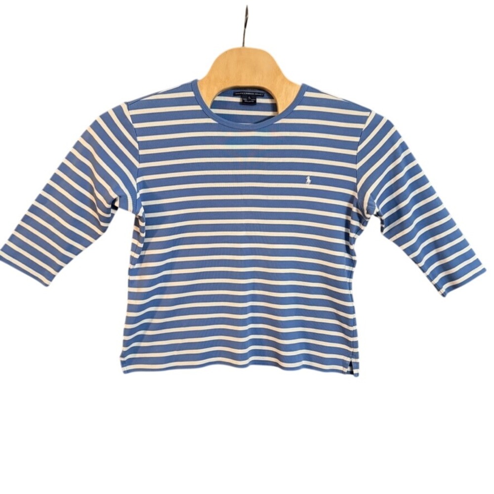 Ralph Lauren Sport Blue White Striped 3/4 Sleeve Ribbed Cotton Top XL Pony Logo
